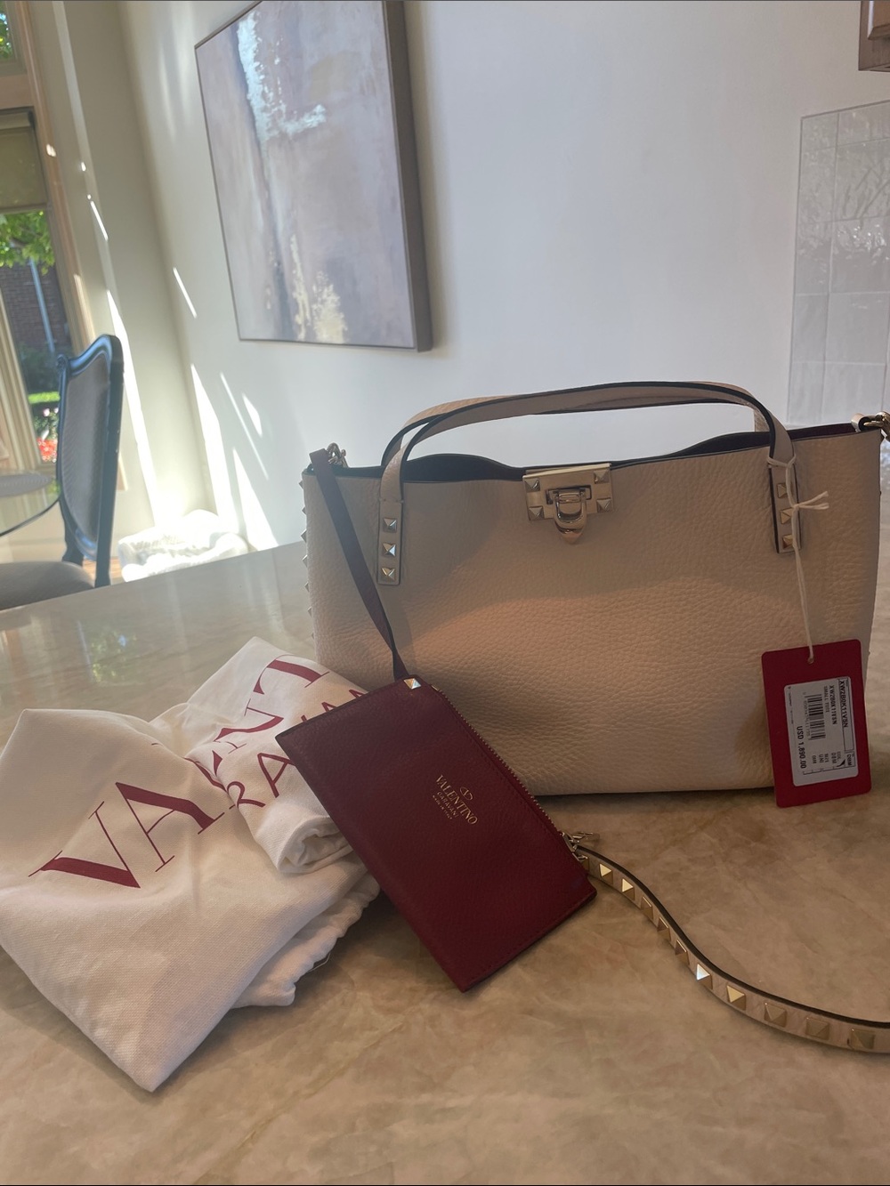 Valentino Garavani Cream Leather Tote with Red Detachable Pouch